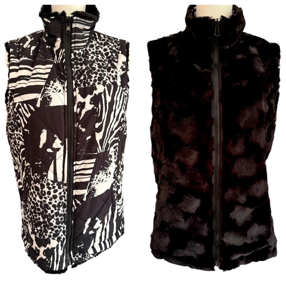 Reversible Vest Small Animal Print & Faux Fur Black Zip Up Sleeveless Jacket
